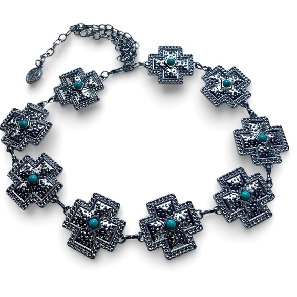 Accessories - Western Style Cross Shaped Concho Faux Turquoise Adjustable Woman’s Chain Belt